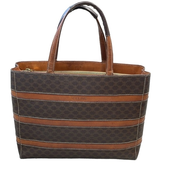 Celine Horizontal Leather Stripe Trimmed Macadam Tote Bag Designer Luxury - Picture 1 of 17